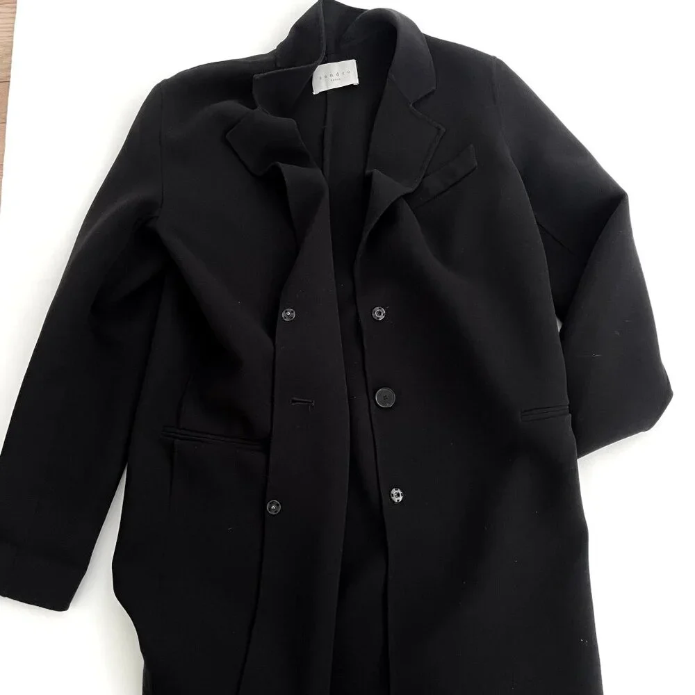 Sandro Paris Long Black Coat Single Breasted 1-Button Size 8 Medium / Large - Picture 12 of 14